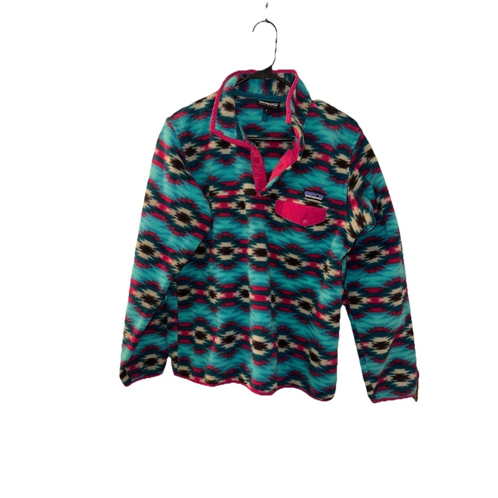 Patagonia Synchilla Snap-T Fleece Pullover Aztec Geometric Pattern Teal Red Fall